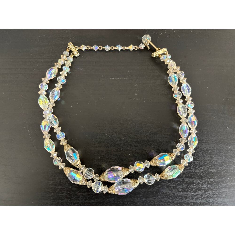 Vintage Aurora Borealis Gold Tone Chocker Necklace Double Strand